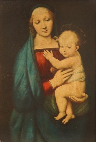 An early 20th century French School pastel, Head and shoulders portrait of a woman, indistinctly signed, together with a colour print of the Virgin Mary and Child, largest 26 x 17cm, housed in a hand painted and partiall